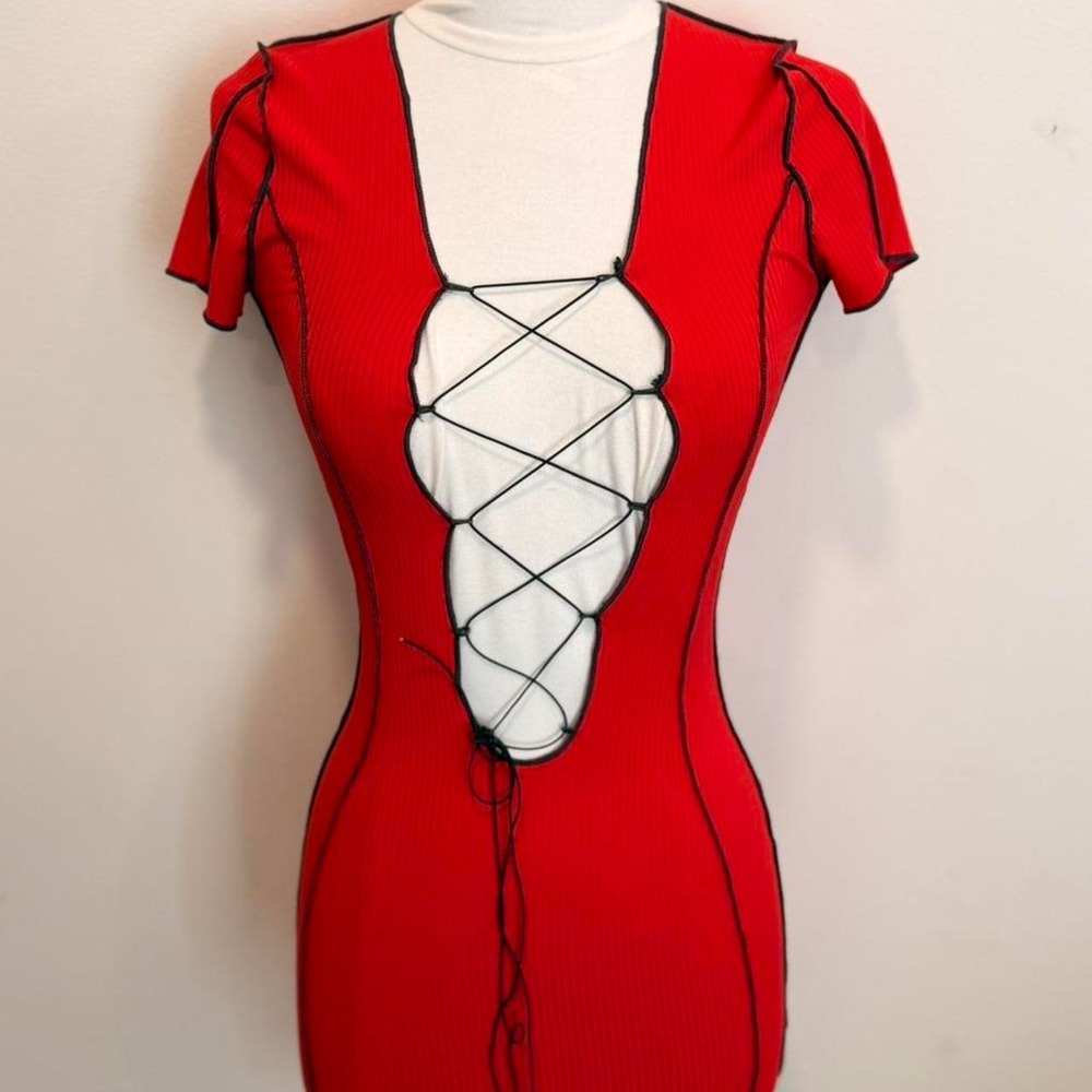 Red Lace-Up Bodycon Mini Dress ❤️🔥 - Picture 2 of 3